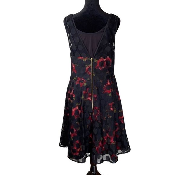 Betsey Johnson Roses w/ Polka Dot Mesh Zipper Back Dress Sz 12 - Picture 4 of 7